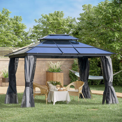 10' x 12' Alora Hardtop Gazebo Canopy With Polycarbonate Double Roof, Netting, And Curtains