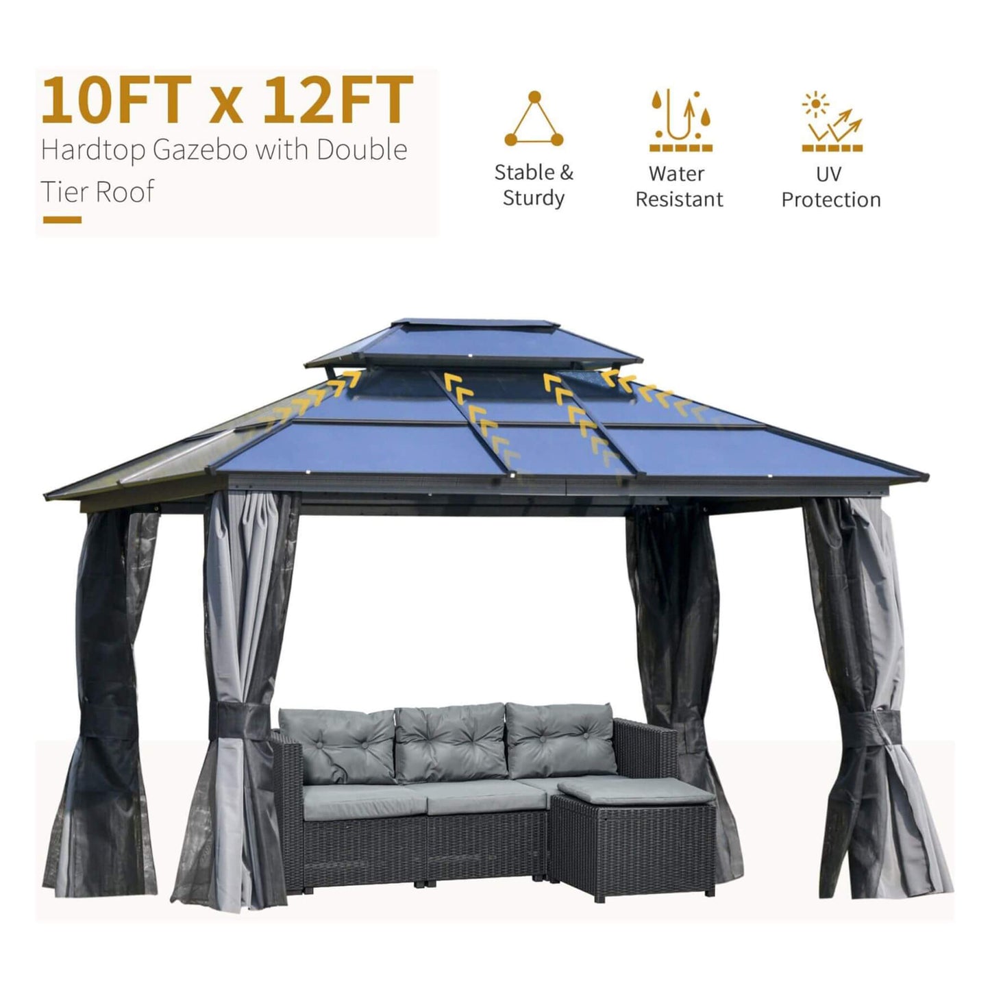 10' x 12' Alora Hardtop Gazebo Canopy With Polycarbonate Double Roof, Netting, And Curtains