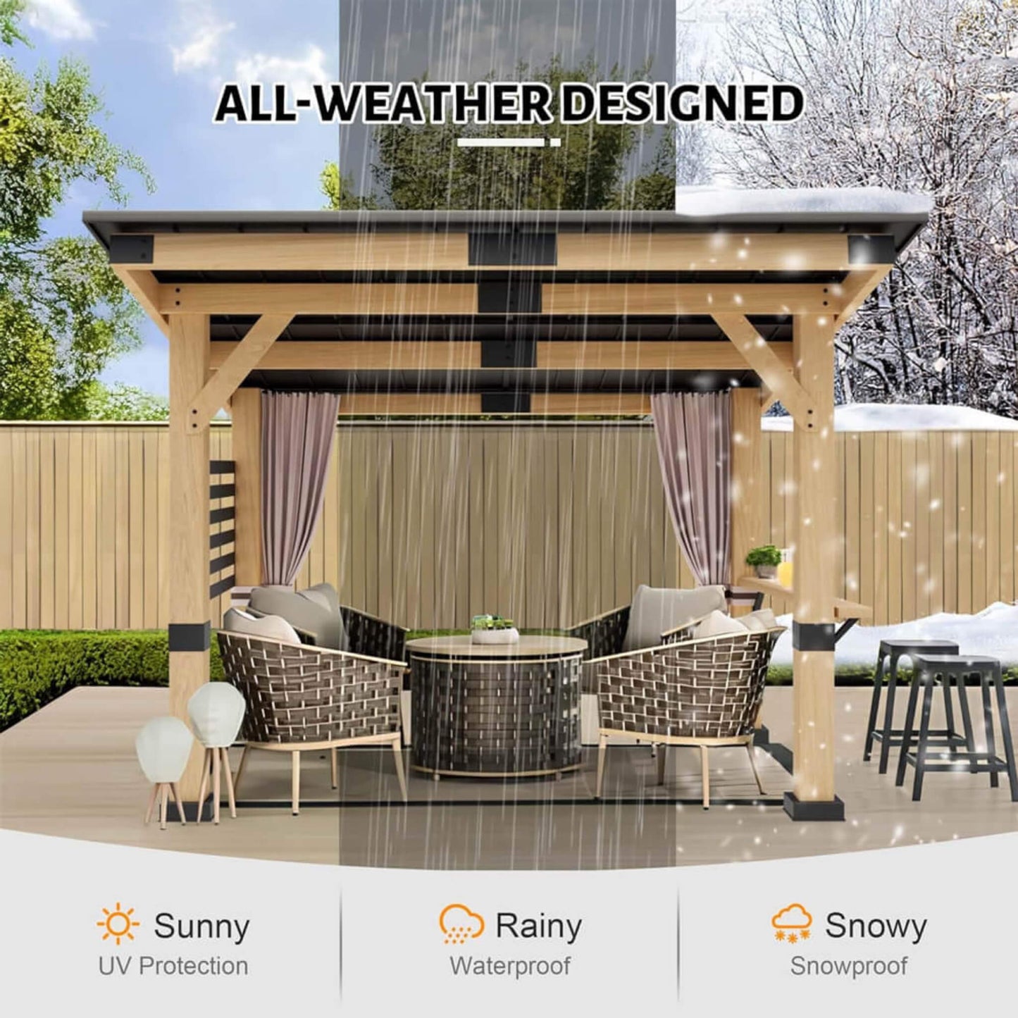 10' x 12' Alora Heavy-Duty Premium Outdoor All-Season Wooden Cedar Hardtop Gazebo With Metal Roof & Back Curtains