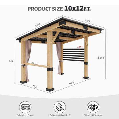 10' x 12' Alora Heavy-Duty Premium Outdoor All-Season Wooden Cedar Hardtop Gazebo With Metal Roof & Back Curtains