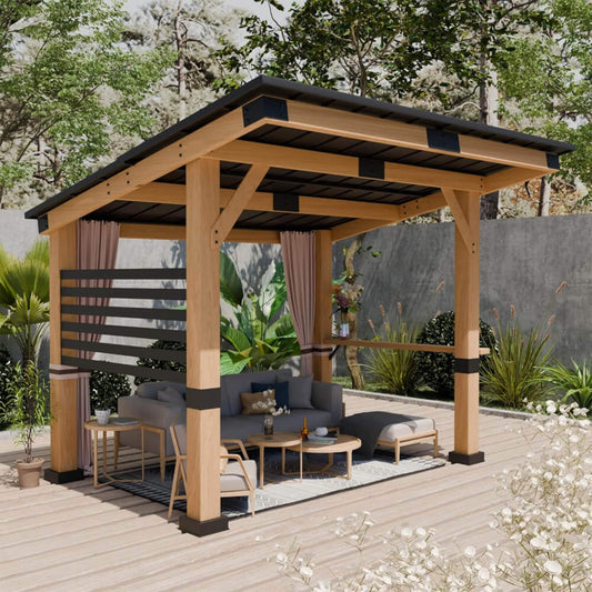 10' x 12' Alora Heavy-Duty Premium Outdoor All-Season Wooden Cedar Hardtop Gazebo With Metal Roof & Back Curtains