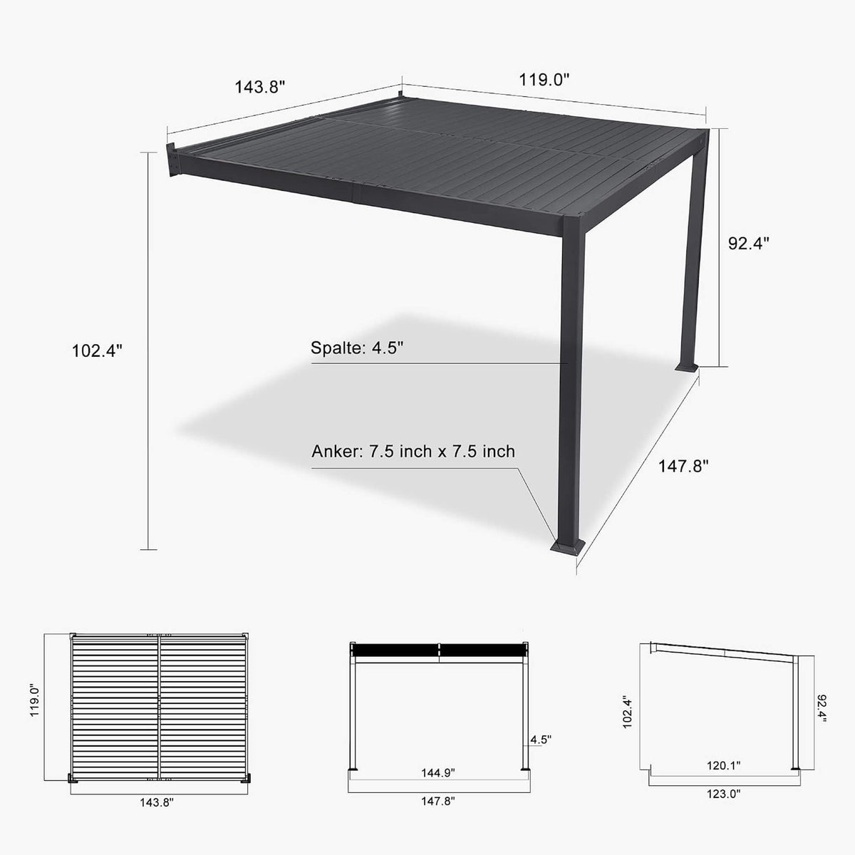 10FT X 12FT Modern Wall-Mounted Louvered Pergola with Aluminum Frame