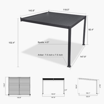 10FT X 12FT Modern Wall-Mounted Louvered Pergola with Aluminum Frame