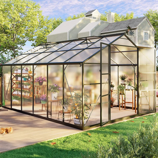10FT x 12FT Outdoor Polycarbonate Aluminum Greenhouse with UV Protection and Thermometer