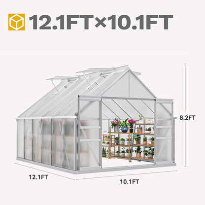10' x 12' FT Large Polycarbonate Walk-In Garden Greenhouse With Vent Window, 4MM