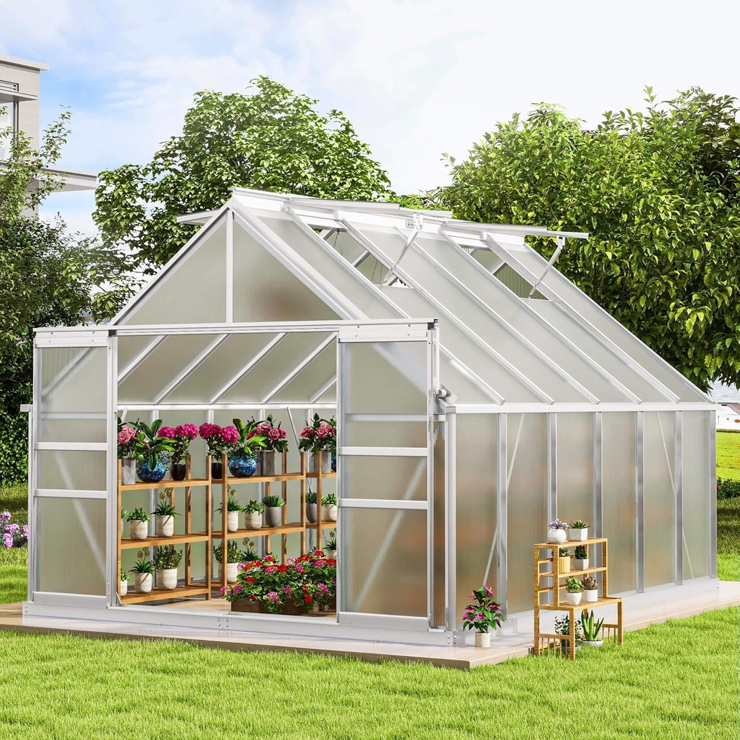 10' x 12' FT Large Polycarbonate Walk-In Garden Greenhouse With Vent Window, 4MM