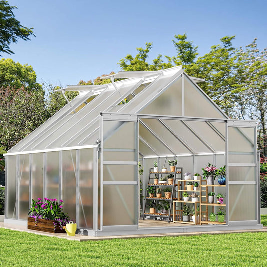 10' x 12' FT Large Polycarbonate Walk-In Garden Greenhouse With Vent Window, 4MM