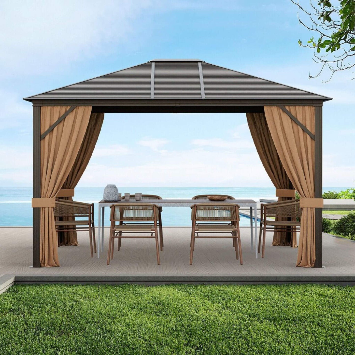 10' x 12' Premium Outdoor Hardtop Patio Gazebo W/ Galvanized Steel Top & Aluminum Frame