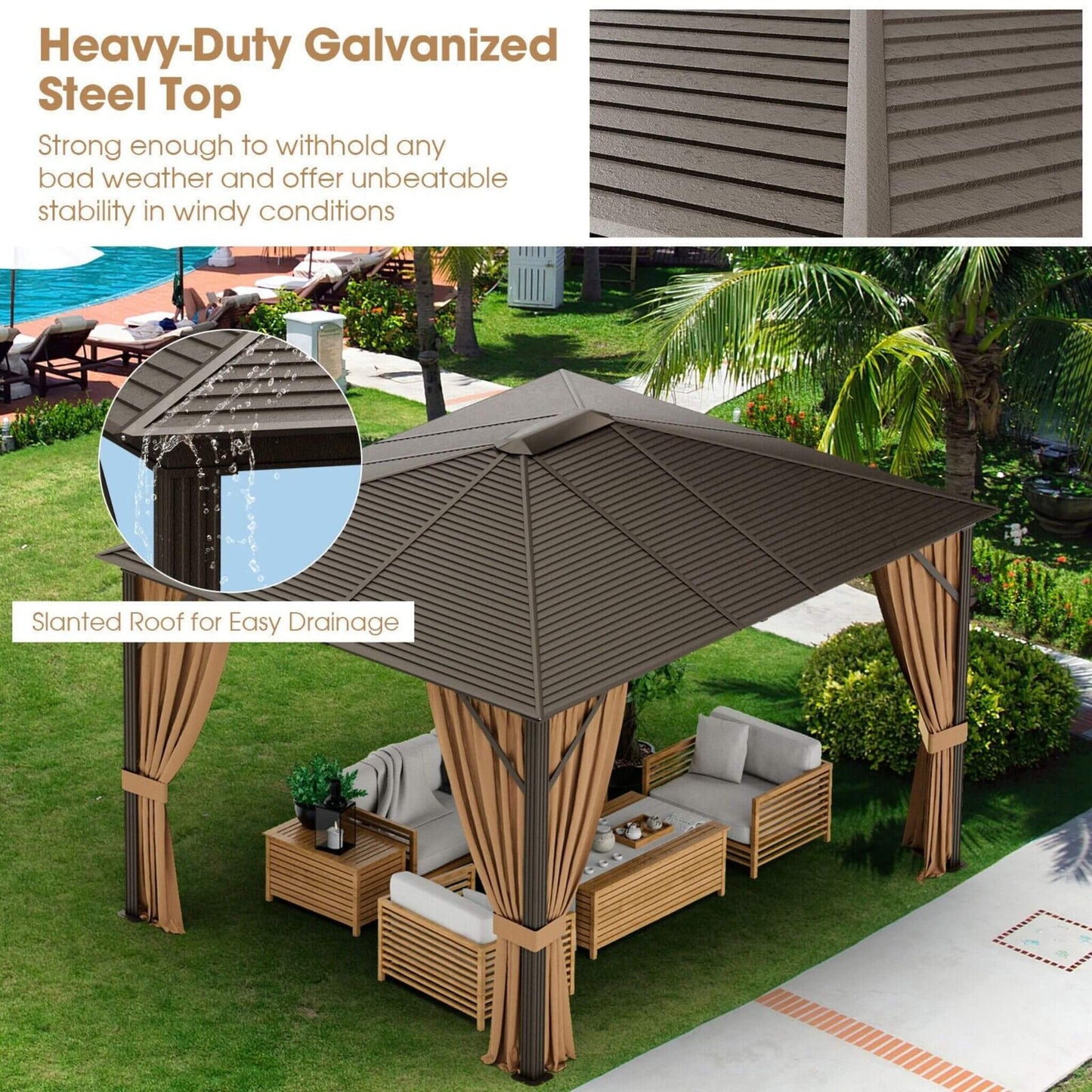 10' x 12' Premium Outdoor Hardtop Patio Gazebo W/ Galvanized Steel Top & Aluminum Frame