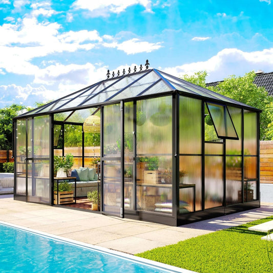10' x 14' FT Premium Outdoor Polycarbonate Greenhouse With Aluminum Frame And Double Swing Doors