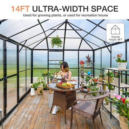 10' x 14' FT Premium Outdoor Polycarbonate Greenhouse With Aluminum Frame And Double Swing Doors