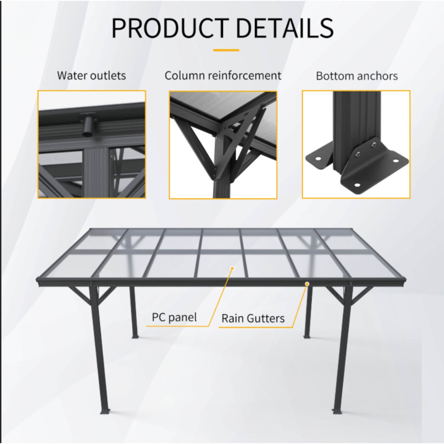 10' x 16' Alora Heavy-Duty Outdoor Driveway Pergola With Aluminum Alloy Frame And Polycarbonate Panels