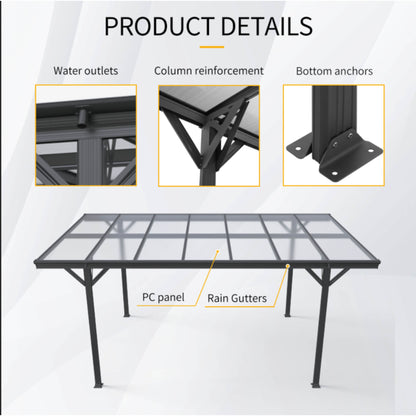 10' x 16' Alora Heavy-Duty Outdoor Driveway Pergola With Aluminum Alloy Frame And Polycarbonate Panels
