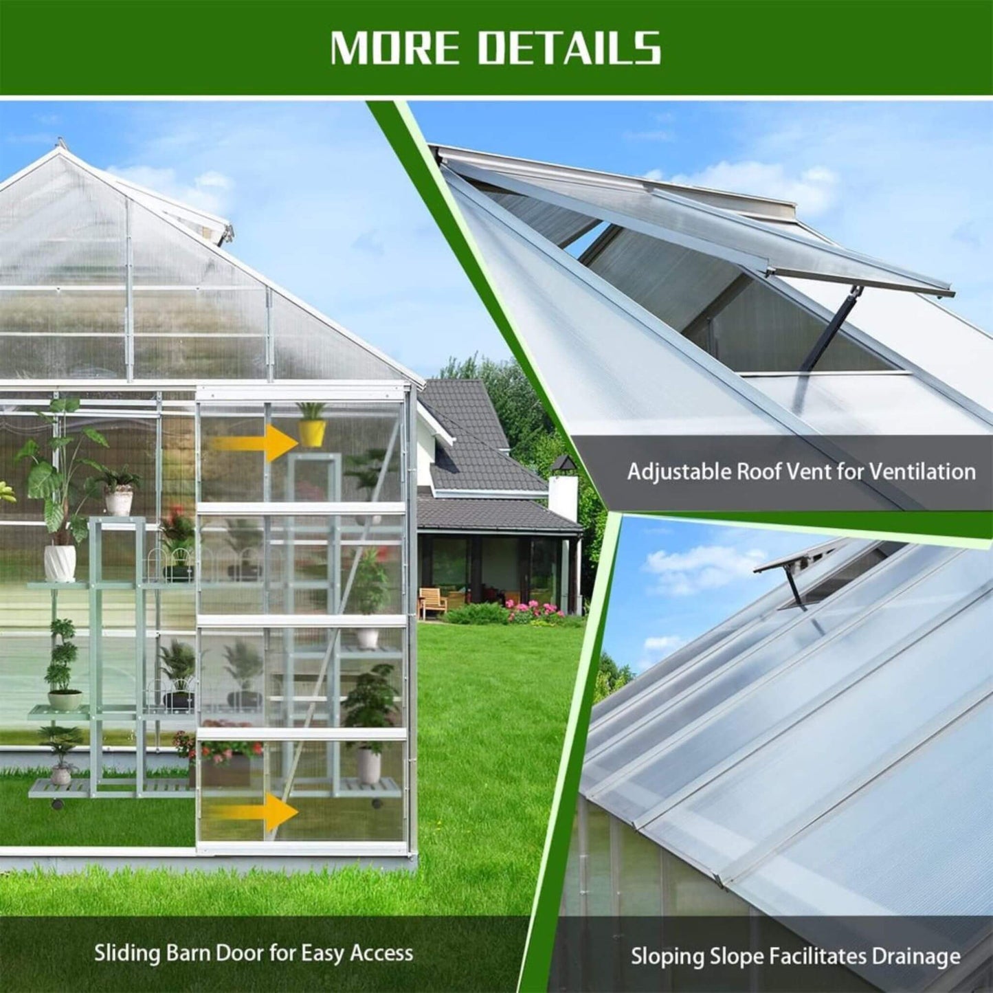10' x 16' FT Extra Large Heavy-Duty Backyard Polycarbonate Aluminum Greenhouse With Sliding Doors And Vents
