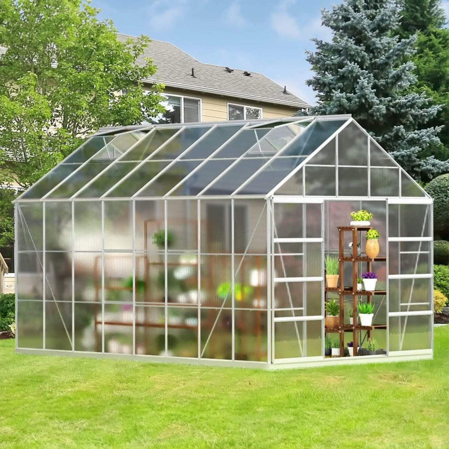10' x 16' FT Extra Large Heavy-Duty Backyard Polycarbonate Aluminum Greenhouse With Sliding Doors And Vents