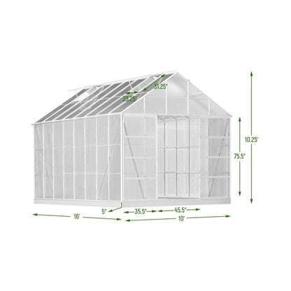 10' x 16' FT Extra Large Heavy-Duty Backyard Polycarbonate Aluminum Greenhouse With Sliding Doors And Vents
