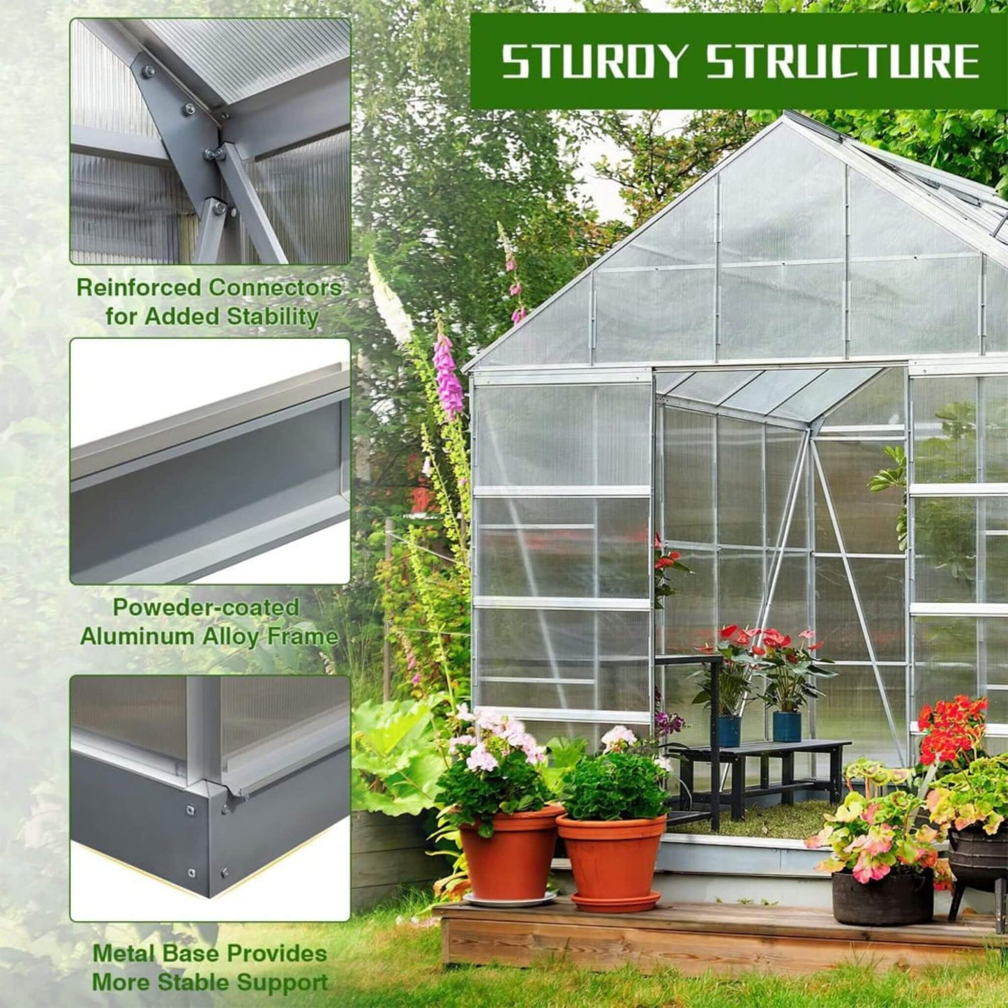 10' x 16' FT Extra Large Heavy-Duty Backyard Polycarbonate Aluminum Greenhouse With Sliding Doors And Vents