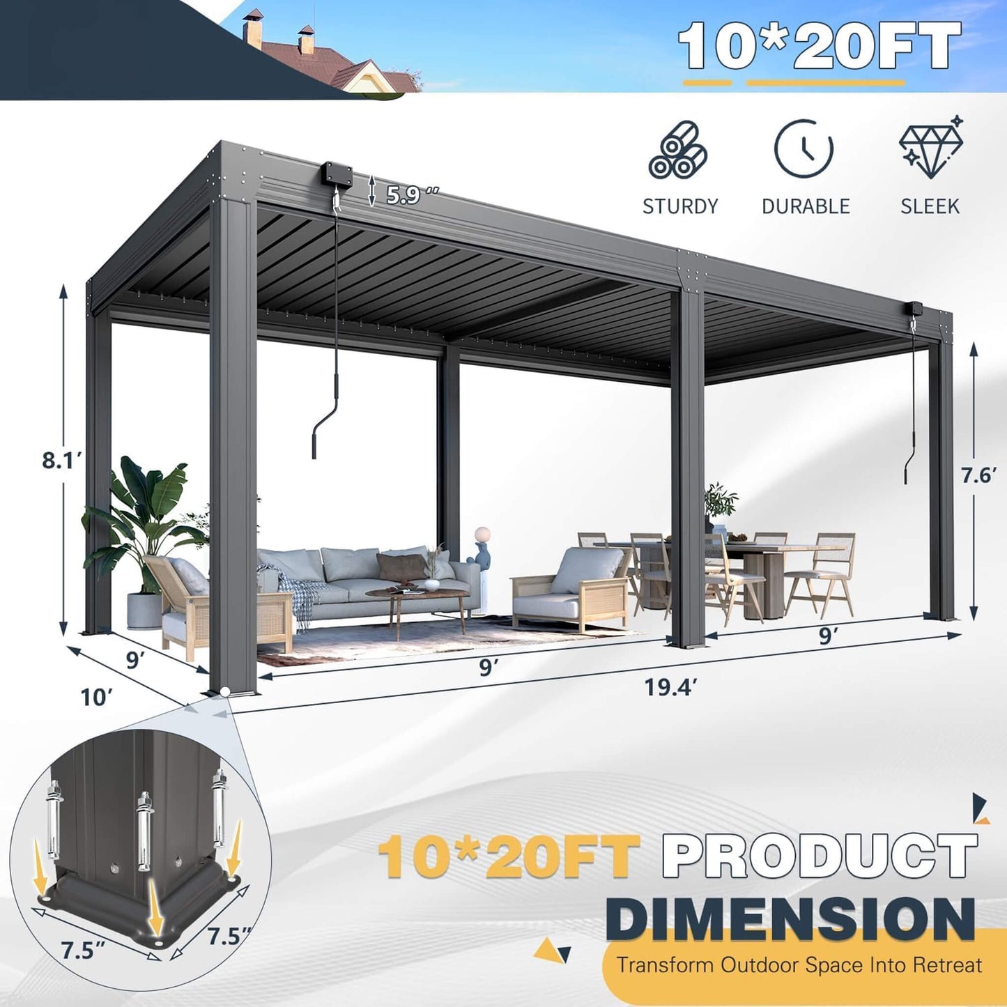 Alora Louvered Aluminum Pergola with Adjustable Roof and Pull-Down Screens