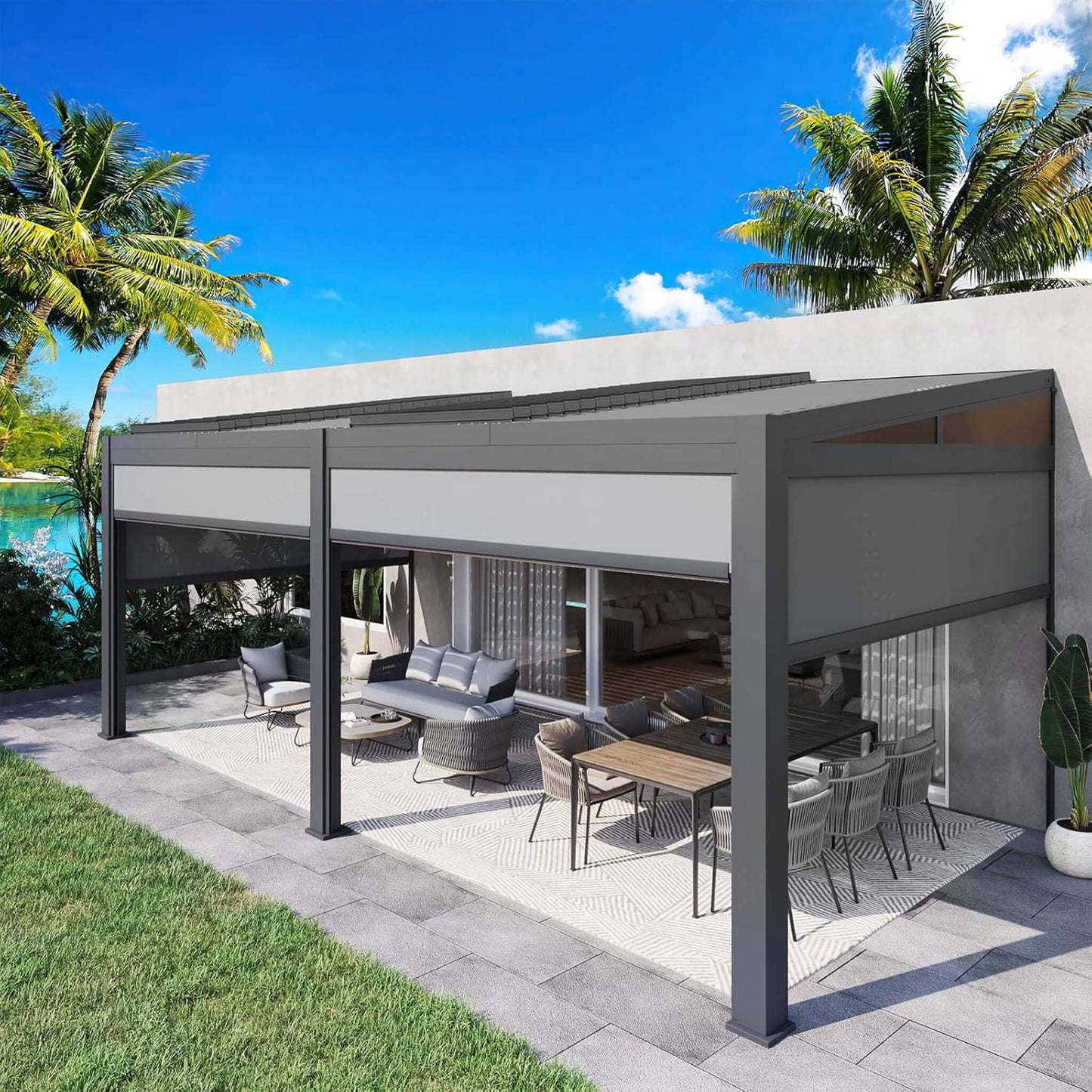 10FT x 20FT Alora Luxury Wall-Mounted Aluminum Louvered Pergola with Pull-Down Screens