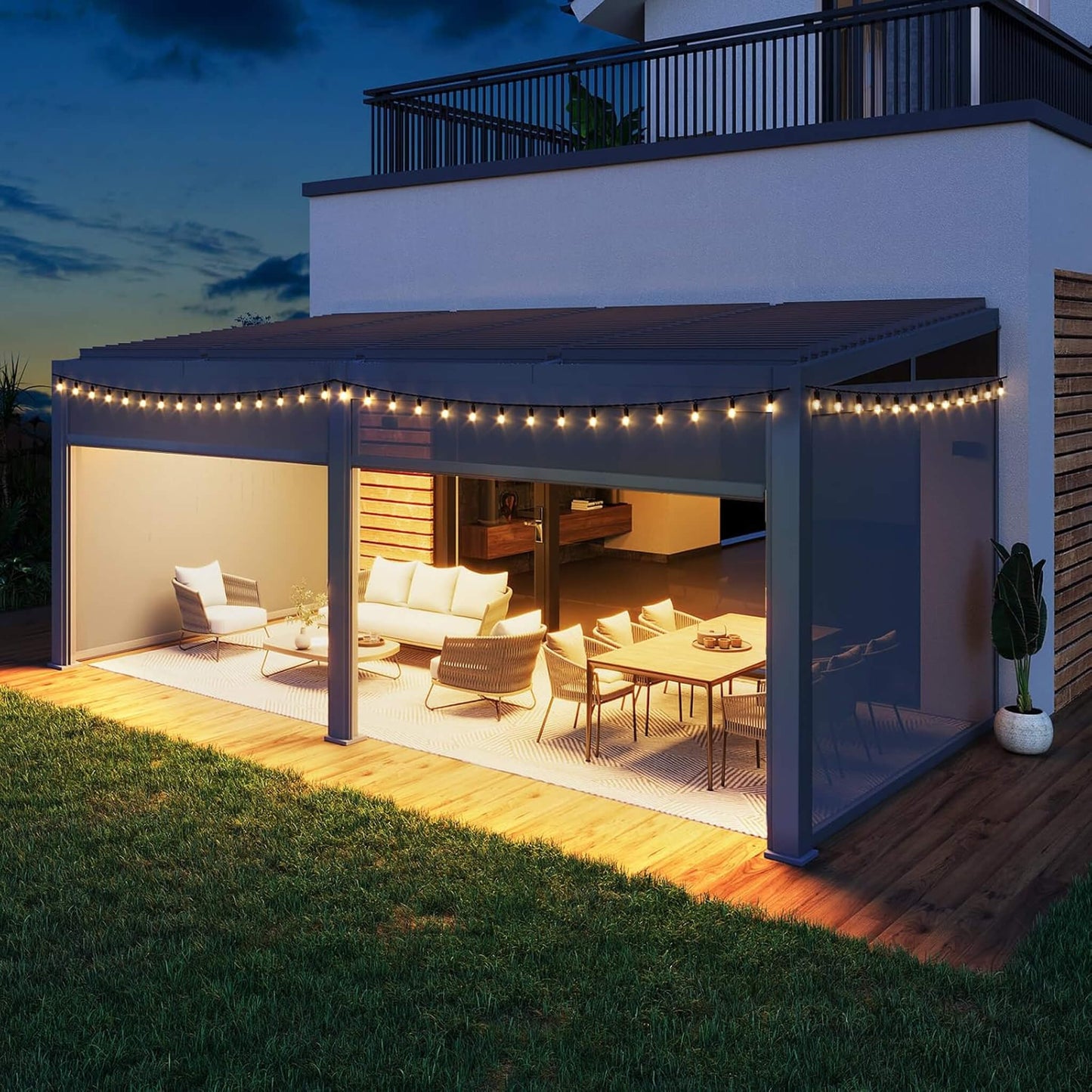 10FT x 20FT Alora Luxury Wall-Mounted Aluminum Louvered Pergola with Pull-Down Screens
