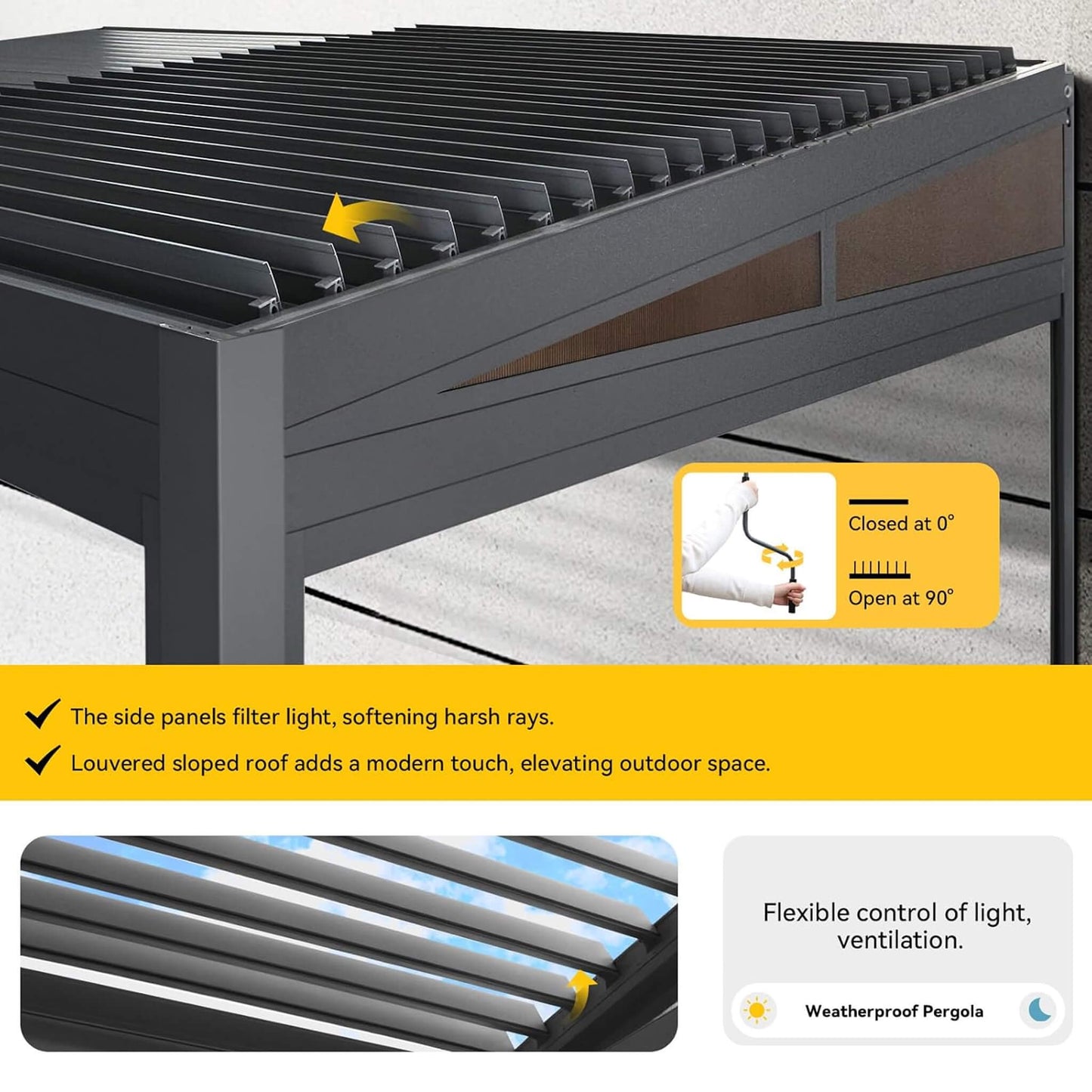 10FT x 20FT Alora Luxury Wall-Mounted Aluminum Louvered Pergola with Pull-Down Screens