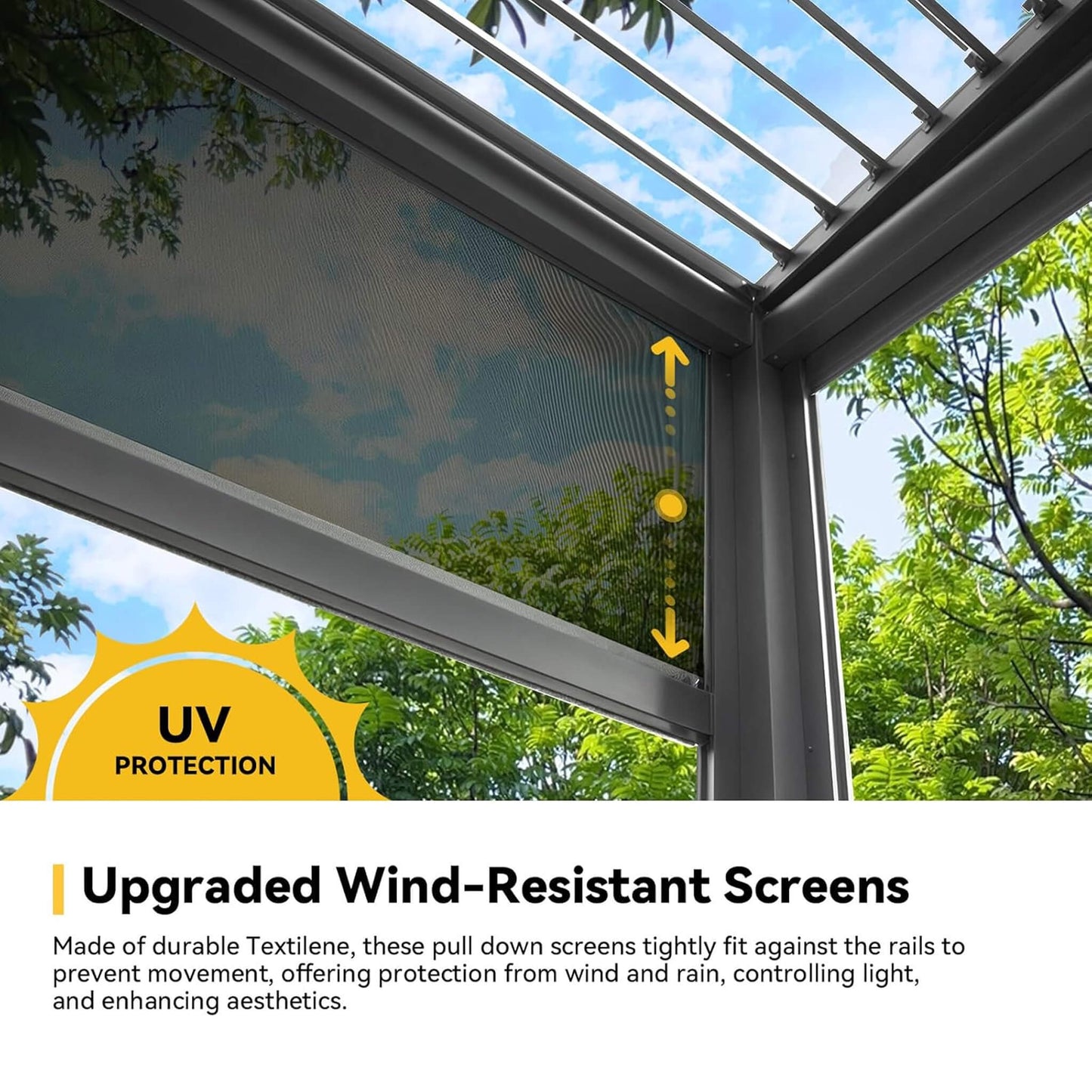 10FT x 20FT Alora Luxury Wall-Mounted Aluminum Louvered Pergola with Pull-Down Screens