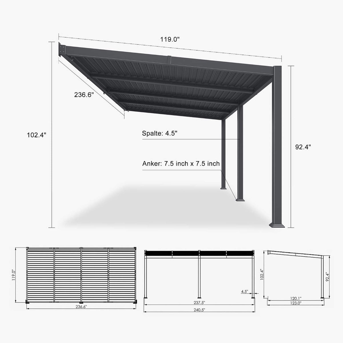 10FT X 20FT Modern Wall-Mounted Louvered Pergola with Aluminum Frame