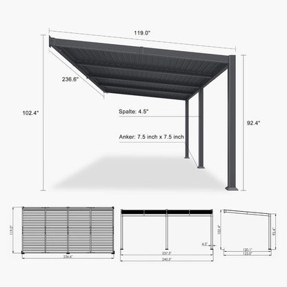 10FT X 20FT Modern Wall-Mounted Louvered Pergola with Aluminum Frame