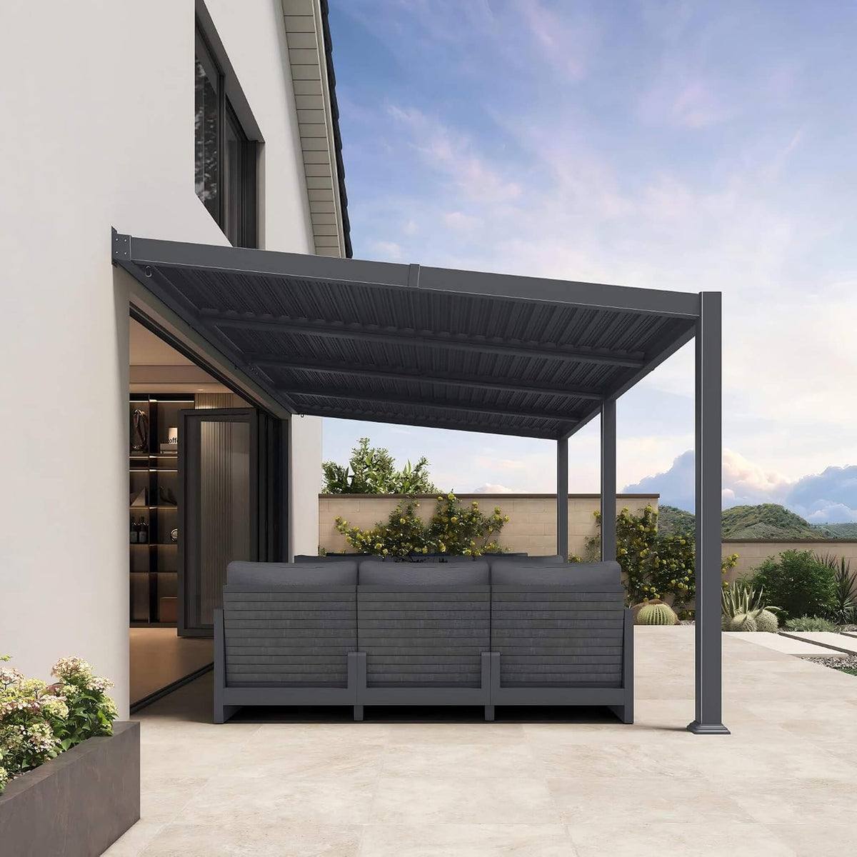 10FT X 20FT Modern Wall-Mounted Louvered Pergola with Aluminum Frame