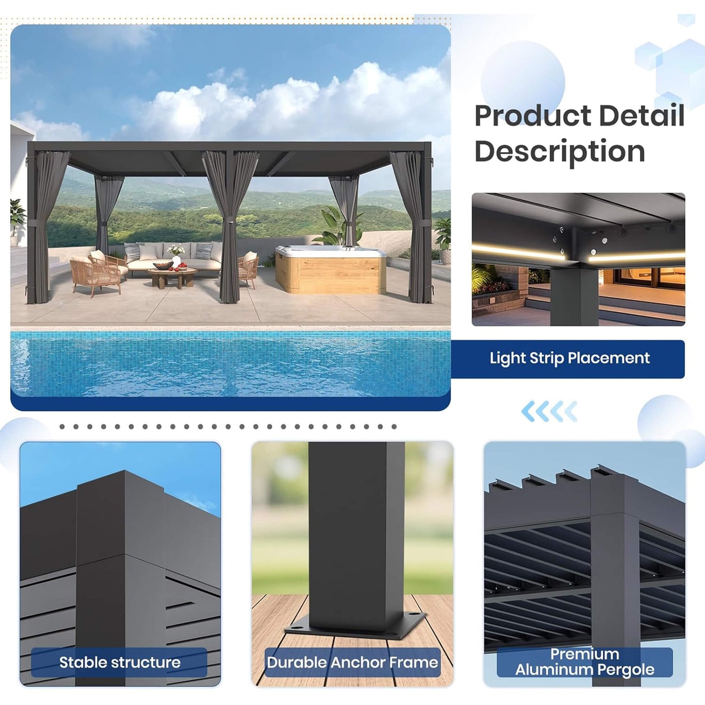10FT x 20FT Alora Premium Louvered Pergola with Curtains and Netting