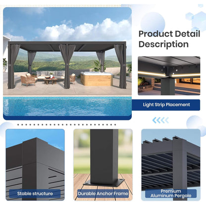 10FT x 20FT Alora Premium Louvered Pergola with Curtains and Netting