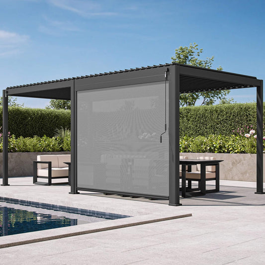10FT X 20FT Alora Modern Outdoor Adjustable Charcoal Louvered Pergola with Screens and Built-In Drainage