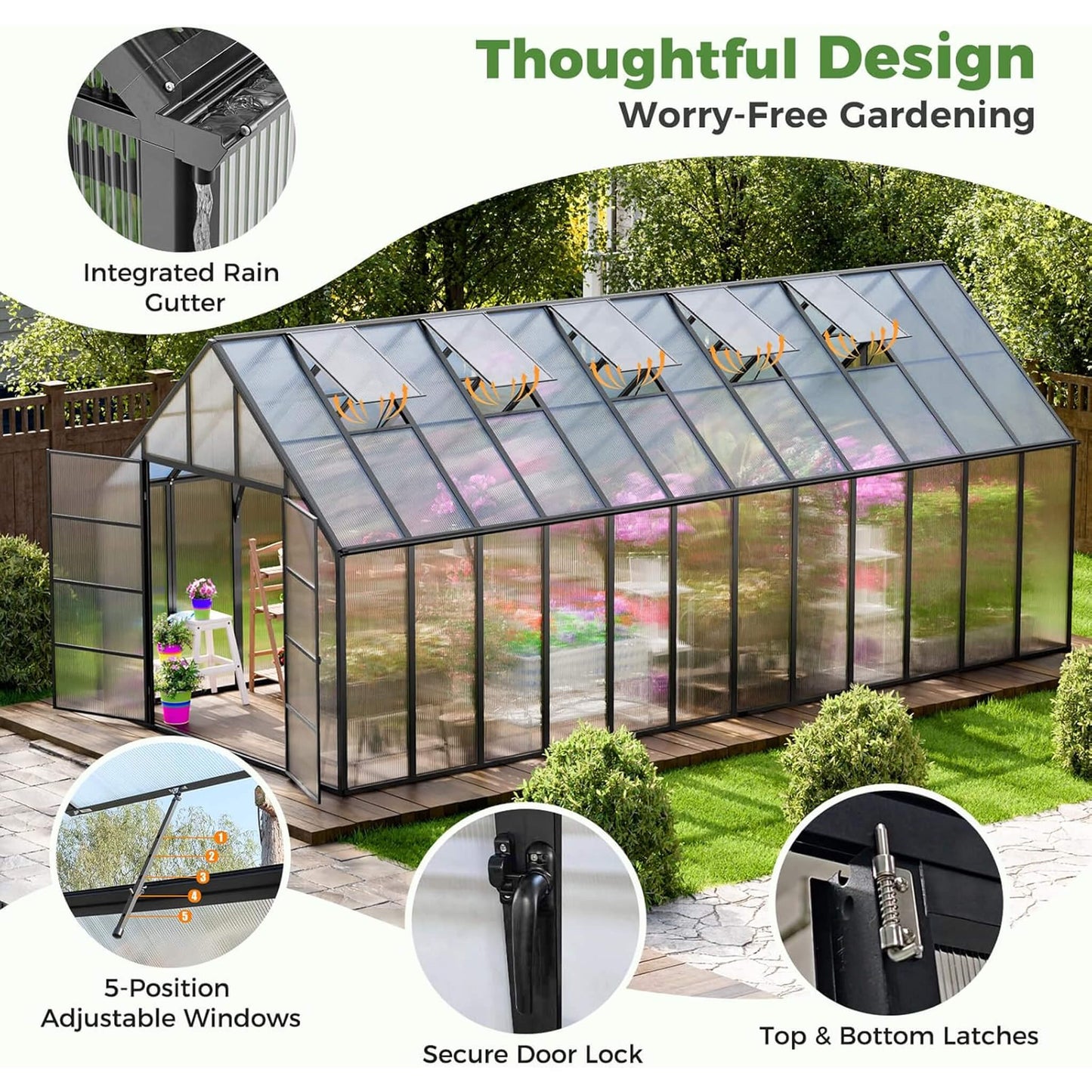 10FT x 24FT Heavy-Duty Outdoor Aluminum Polycarbonate Greenhouse with Roof Vents and Swing Doors, 4MM