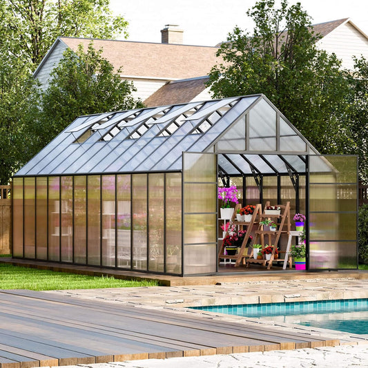 10FT x 24FT Heavy-Duty Outdoor Aluminum Polycarbonate Greenhouse with Roof Vents and Swing Doors, 4MM