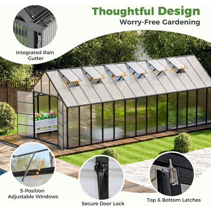 10FT x 28FT Heavy-Duty Outdoor Aluminum Polycarbonate Greenhouse with Roof Vents and Swing Doors, 4MM