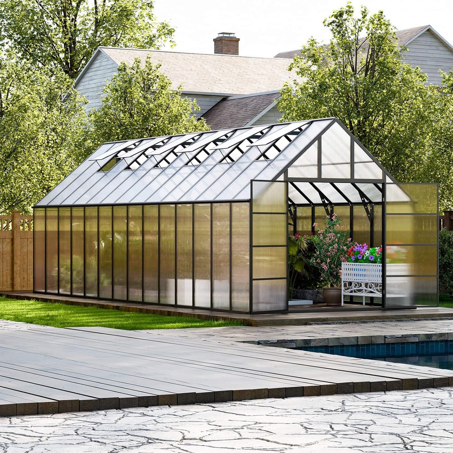 10FT x 28FT Heavy-Duty Outdoor Aluminum Polycarbonate Greenhouse with Roof Vents and Swing Doors, 4MM