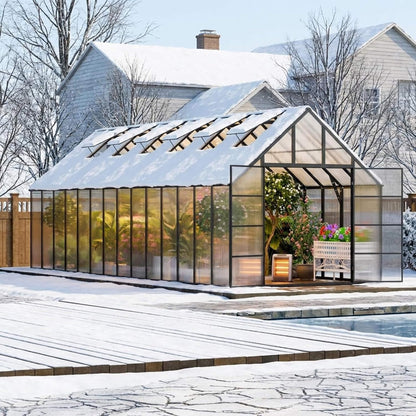 10FT x 28FT Heavy-Duty Outdoor Aluminum Polycarbonate Greenhouse with Roof Vents and Swing Doors, 4MM