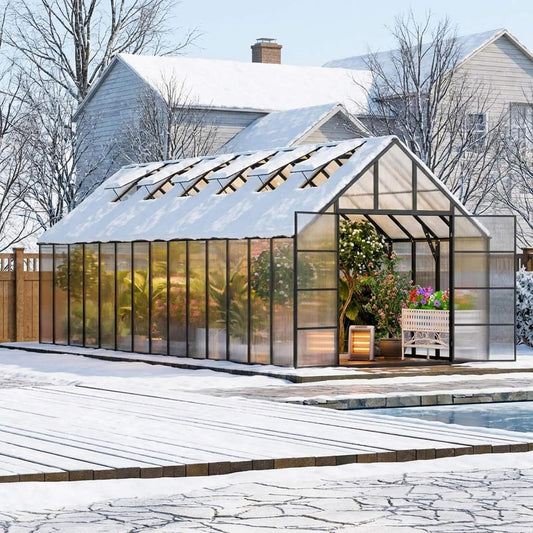 10FT x 28FT Heavy-Duty Outdoor Aluminum Polycarbonate Greenhouse with Roof Vents and Swing Doors, 4MM