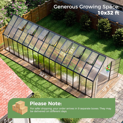 10FT x 32FT Heavy-Duty Outdoor Aluminum Polycarbonate Greenhouse with Roof Vents and Swing Doors, 4MM