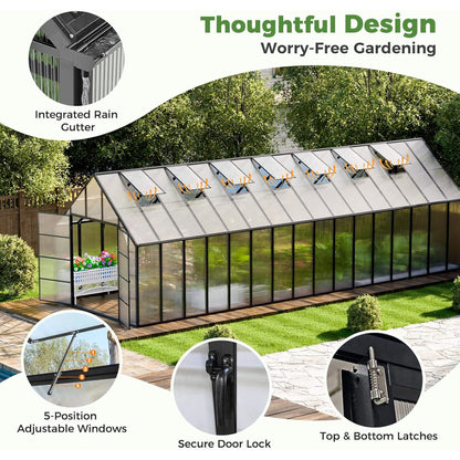 10FT x 32FT Heavy-Duty Outdoor Aluminum Polycarbonate Greenhouse with Roof Vents and Swing Doors, 4MM