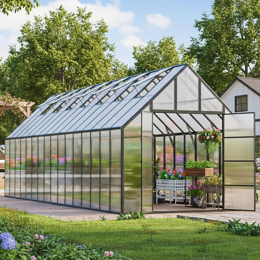 10FT x 32FT Heavy-Duty Outdoor Aluminum Polycarbonate Greenhouse with Roof Vents and Swing Doors, 4MM