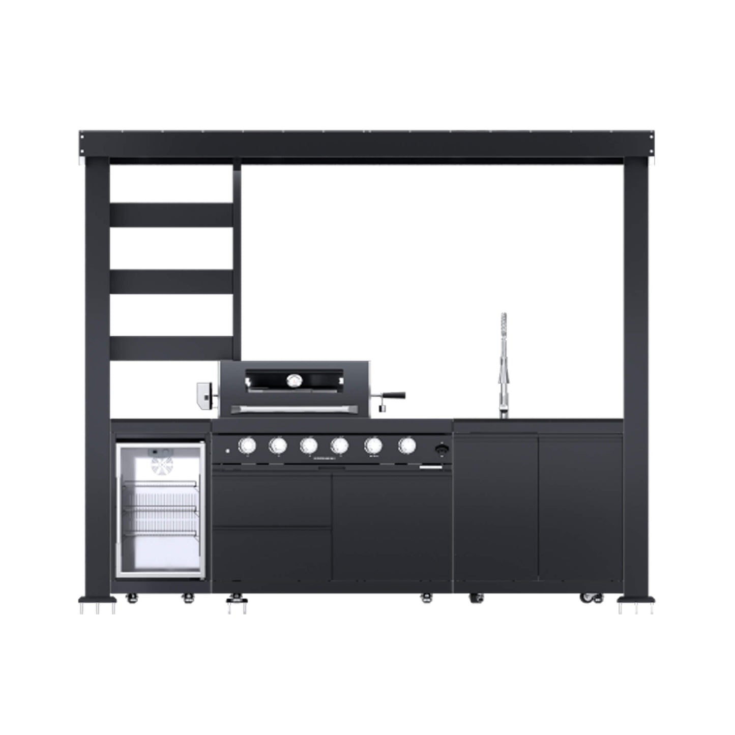 Castelle Flame Imperial 110-Inch 4-Burner 72K BTU Deluxe Stainless Steel Outdoor Kitchen Grill Island with Wine Cooler, Rotisserie, Cabinets, and Granite Countertops