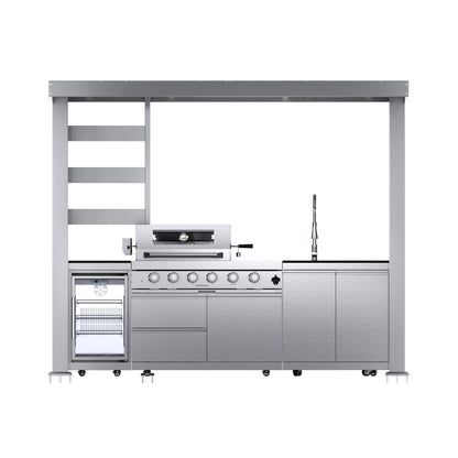 Castelle Flame Imperial 110-Inch 4-Burner 72K BTU Deluxe Stainless Steel Outdoor Kitchen Grill Island with Wine Cooler, Rotisserie, Cabinets, and Granite Countertops