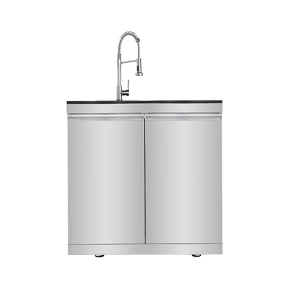 Castelle Flame Imperial 110-Inch 4-Burner 72K BTU Deluxe Stainless Steel Outdoor Kitchen Grill Island with Wine Cooler, Rotisserie, Cabinets, and Granite Countertops