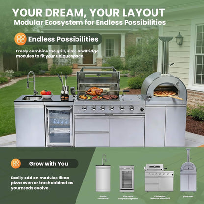 Blazon 112-Inch 4-Burner 108K BTU Outdoor Kitchen Island with Pizza Oven, Rotisserie & Refrigerator
