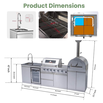 Blazon 112-Inch 4-Burner 108K BTU Outdoor Kitchen Island with Pizza Oven, Rotisserie & Refrigerator