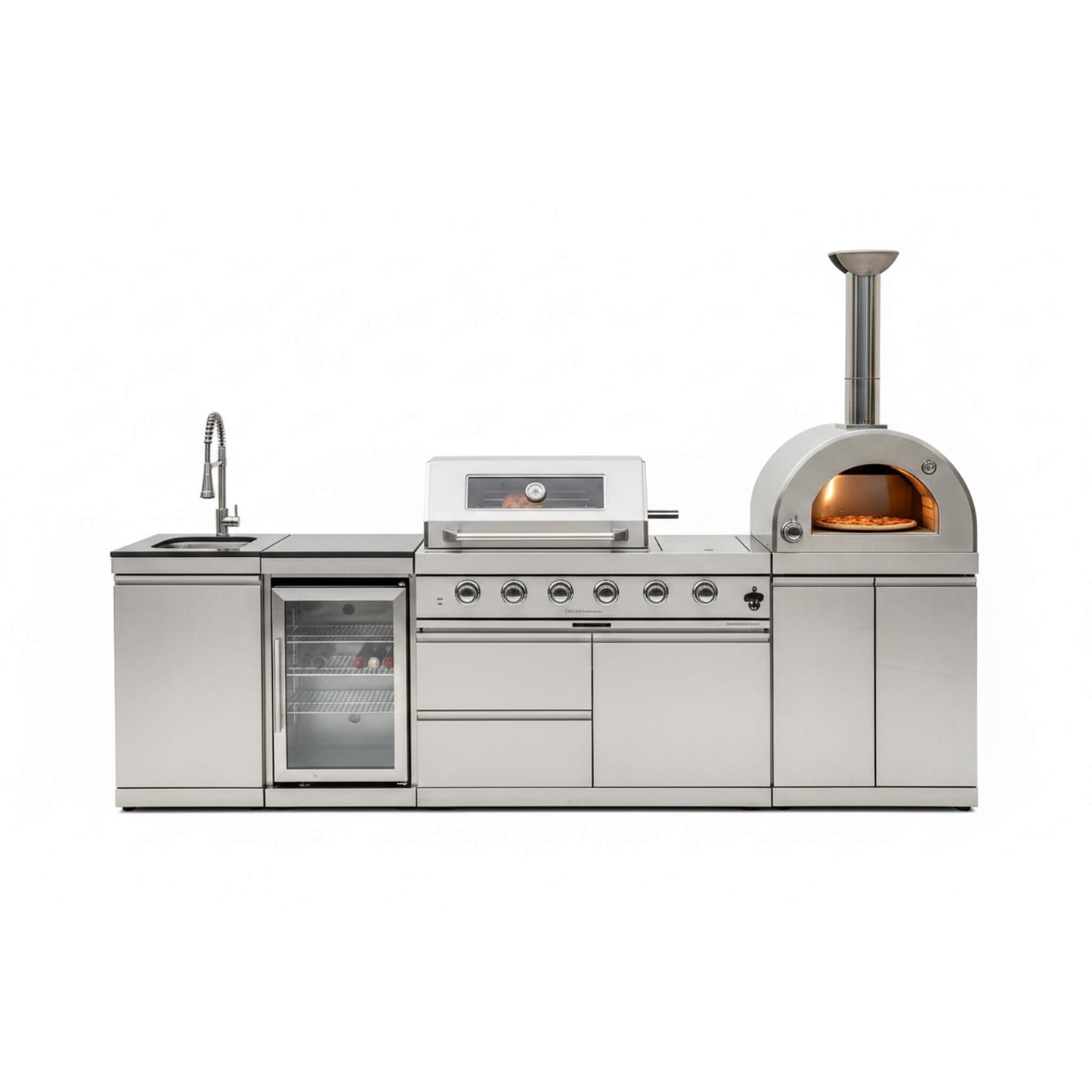 Blazon 112-Inch 4-Burner 108K BTU Outdoor Kitchen Island with Pizza Oven, Rotisserie & Refrigerator