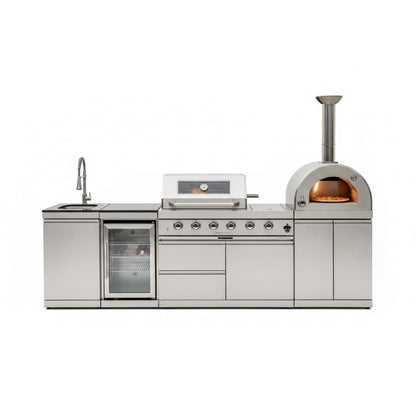 Blazon 112-Inch 4-Burner 108K BTU Outdoor Kitchen Island with Pizza Oven, Rotisserie & Refrigerator