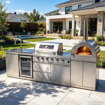 Blazon 112-Inch 4-Burner 108K BTU Outdoor Kitchen Island with Pizza Oven, Rotisserie & Refrigerator