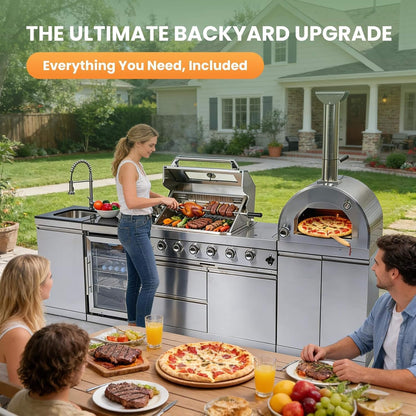 Blazon 112-Inch 4-Burner 108K BTU Outdoor Kitchen Island with Pizza Oven, Rotisserie & Refrigerator